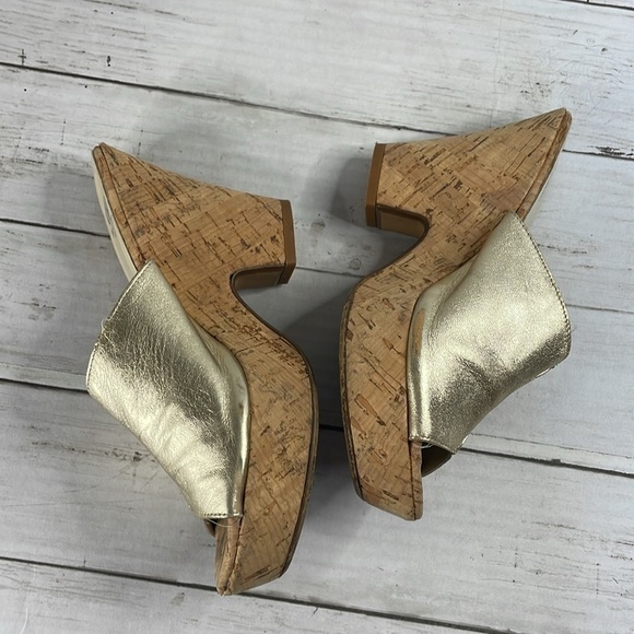 DEE KELLER gold Leather Cork Heel Wedge Platform Mule Sandals - Picture 4 of 14